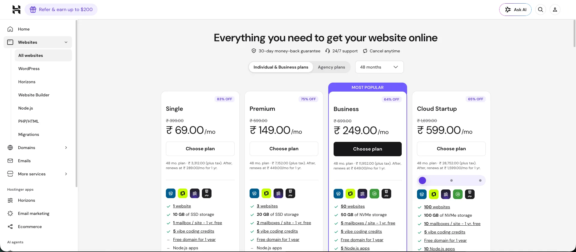 cheapest web hosting India 2026 Hostinger plan pricing